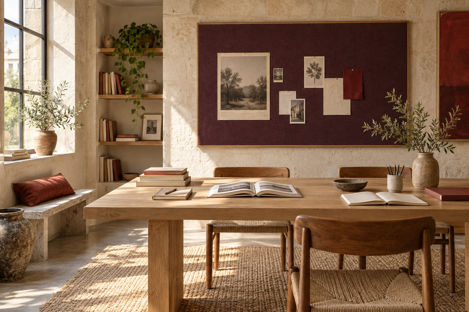 Warm independent learning studio with a long oak table, books and aubergine pinboard.