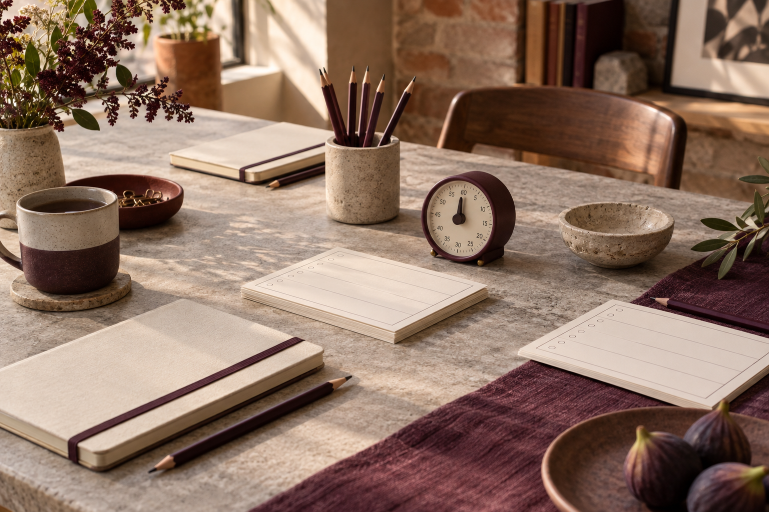 Workshop table prepared with notebooks, pencils and structured programme cards.