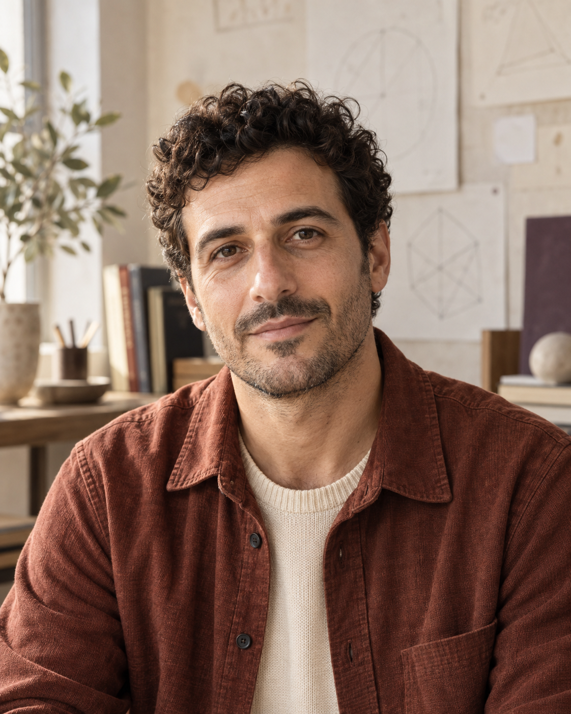 Fictional maths tutor Elio in warm window light against a quiet parchment studio wall.
