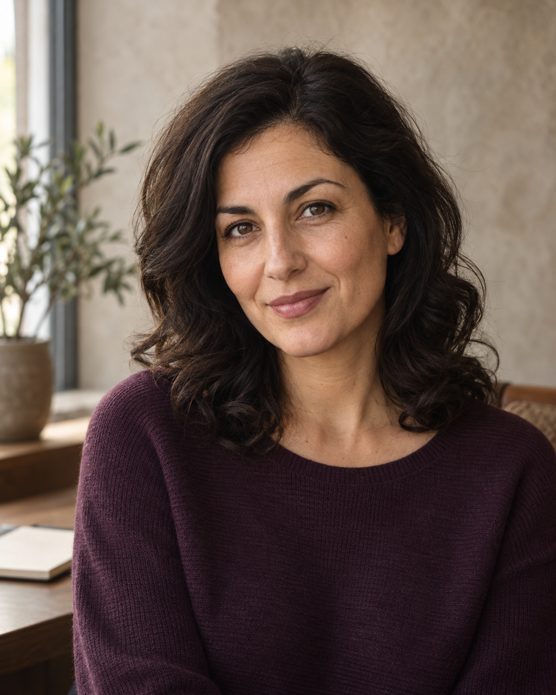 Fictional Romanian language tutor Mara in warm window light against a parchment studio wall.