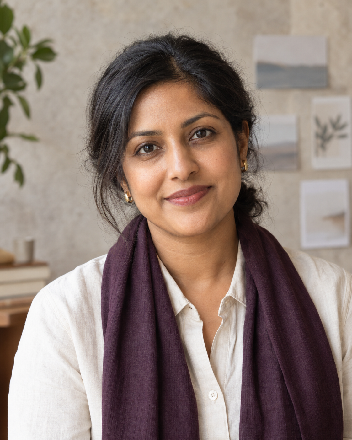 Fictional speaking tutor Priya in soft daylight with blurred rehearsal cards behind her.
