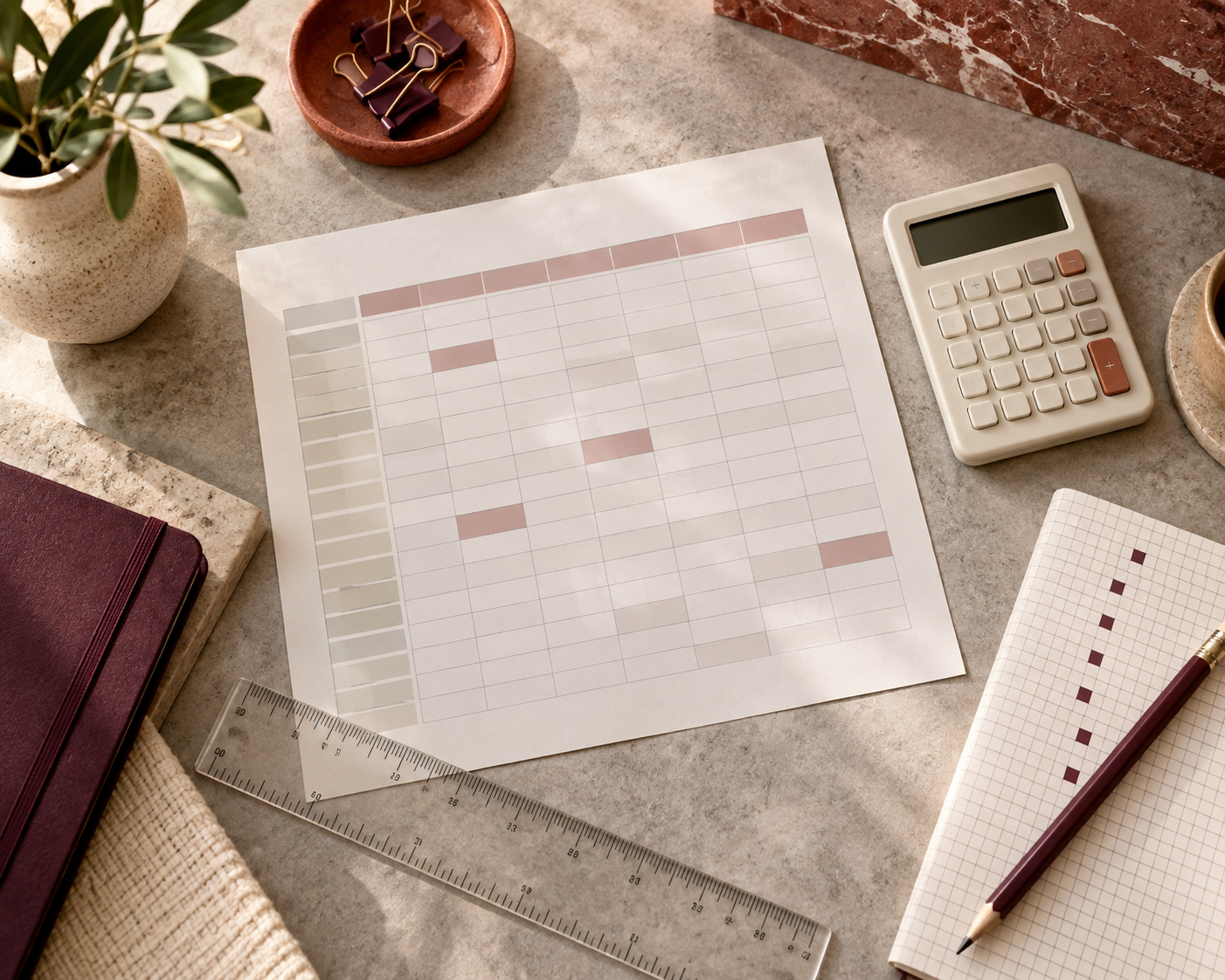 Abstract spreadsheet grid, calculator and checked worksheet on a stone desk.