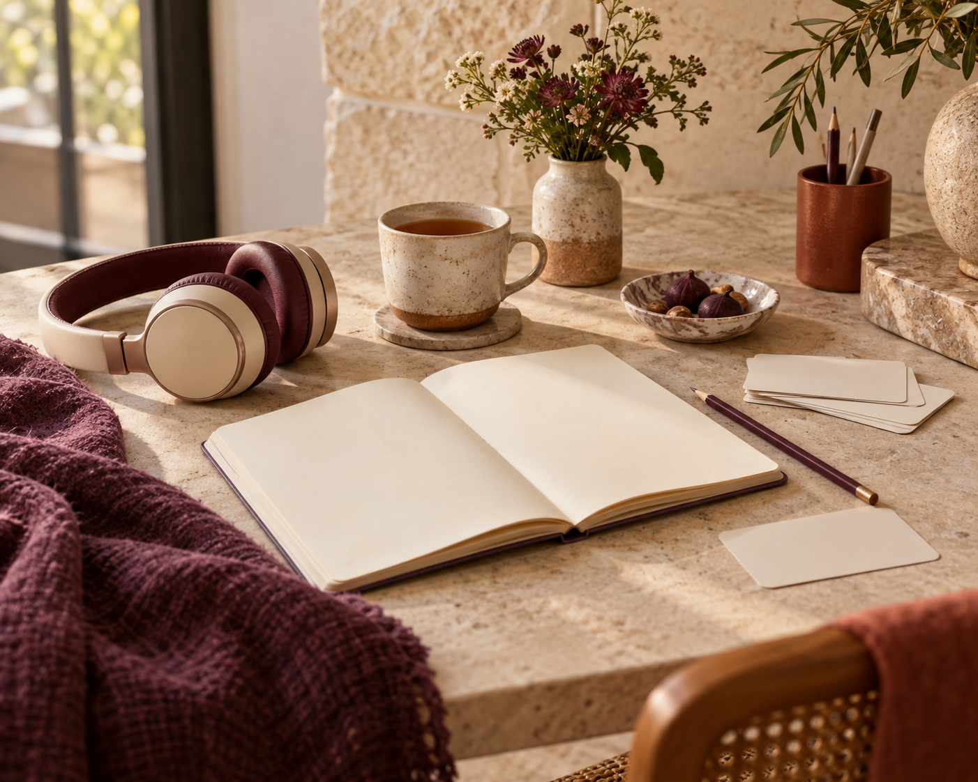 Headphones, tea and blank conversation notebook arranged on a warm desk.