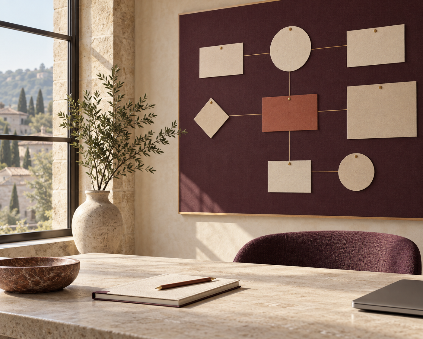 Project decision board with ownership cards and a notebook in a calm meeting room.