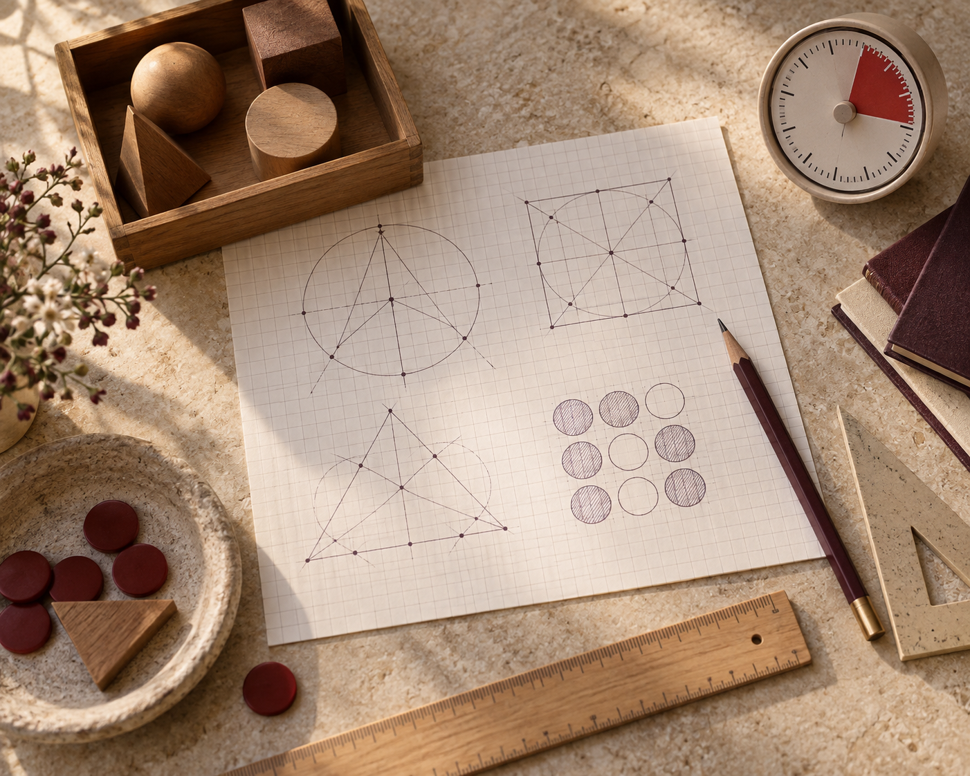 Squared paper, ruler, pencil and wooden geometry pieces arranged for a maths practice session.