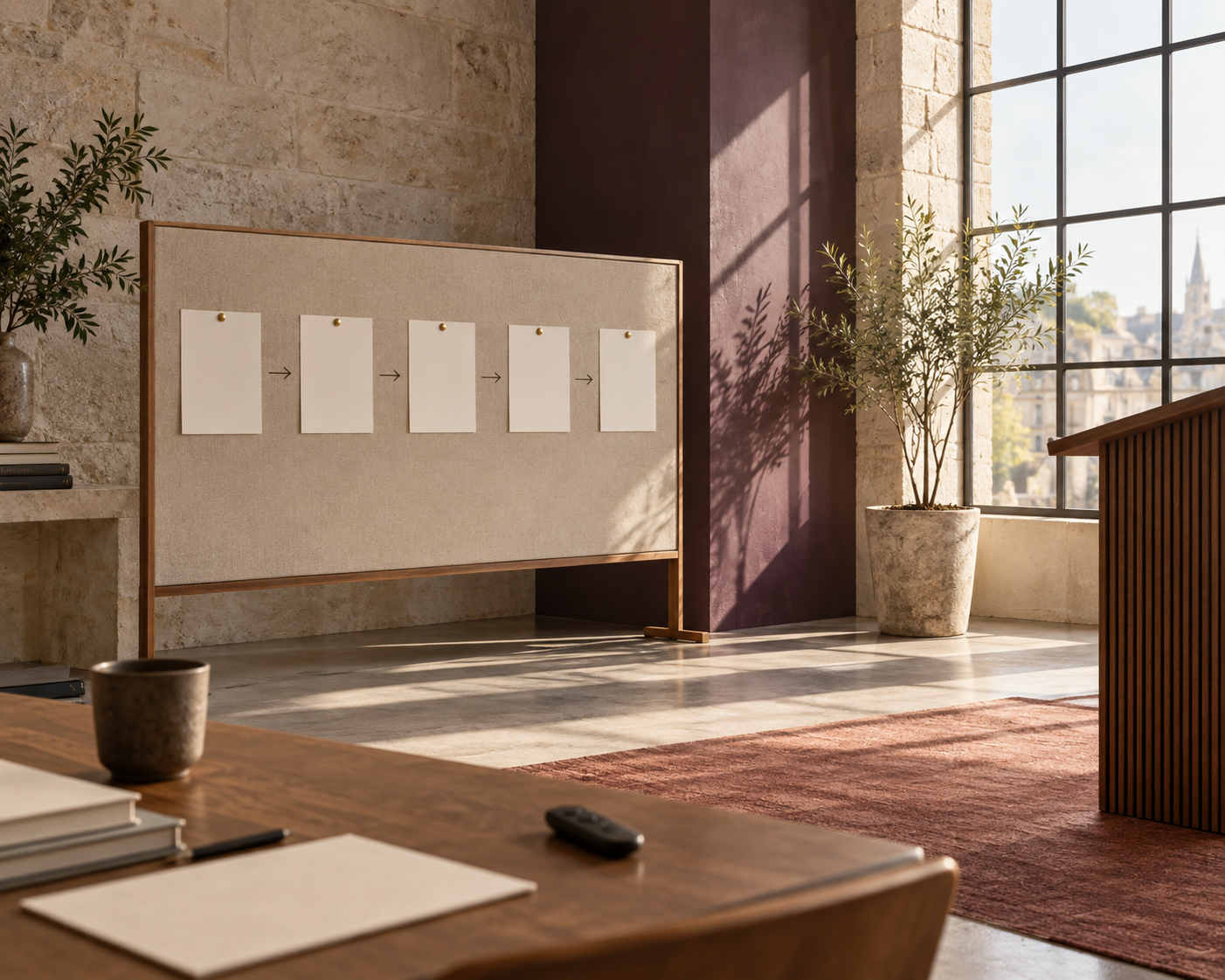 Presentation outline cards arranged beside a small speaker remote in a bright studio.