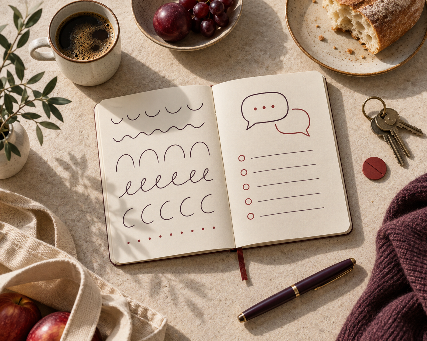 Language practice notebook with abstract speech marks, keys and everyday objects.