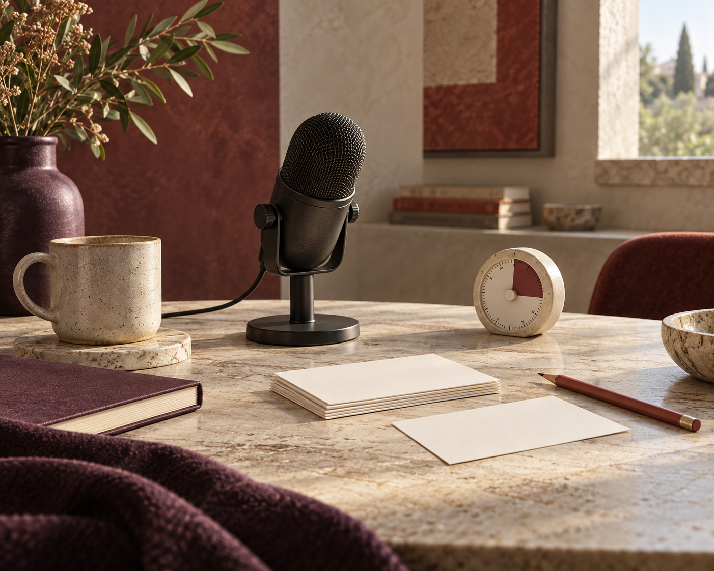 Microphone, timing card and speaking prompts arranged for focused rehearsal.