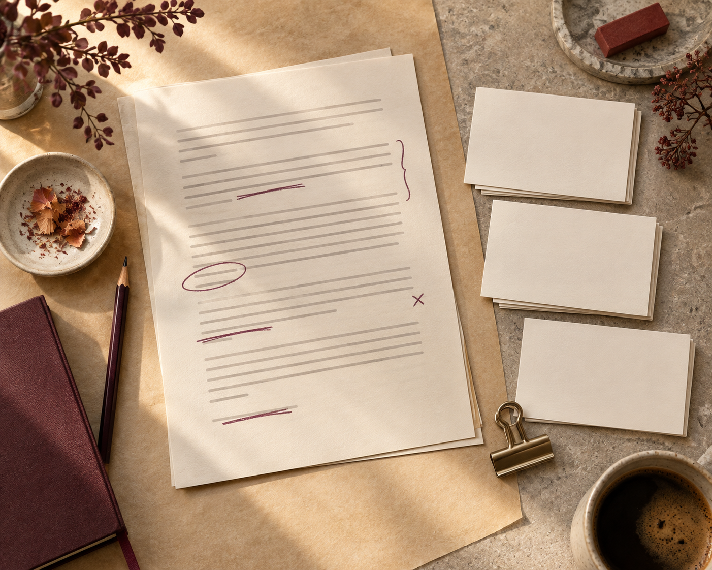 Edited workplace brief, pencil and ordered note cards on a warm desk.