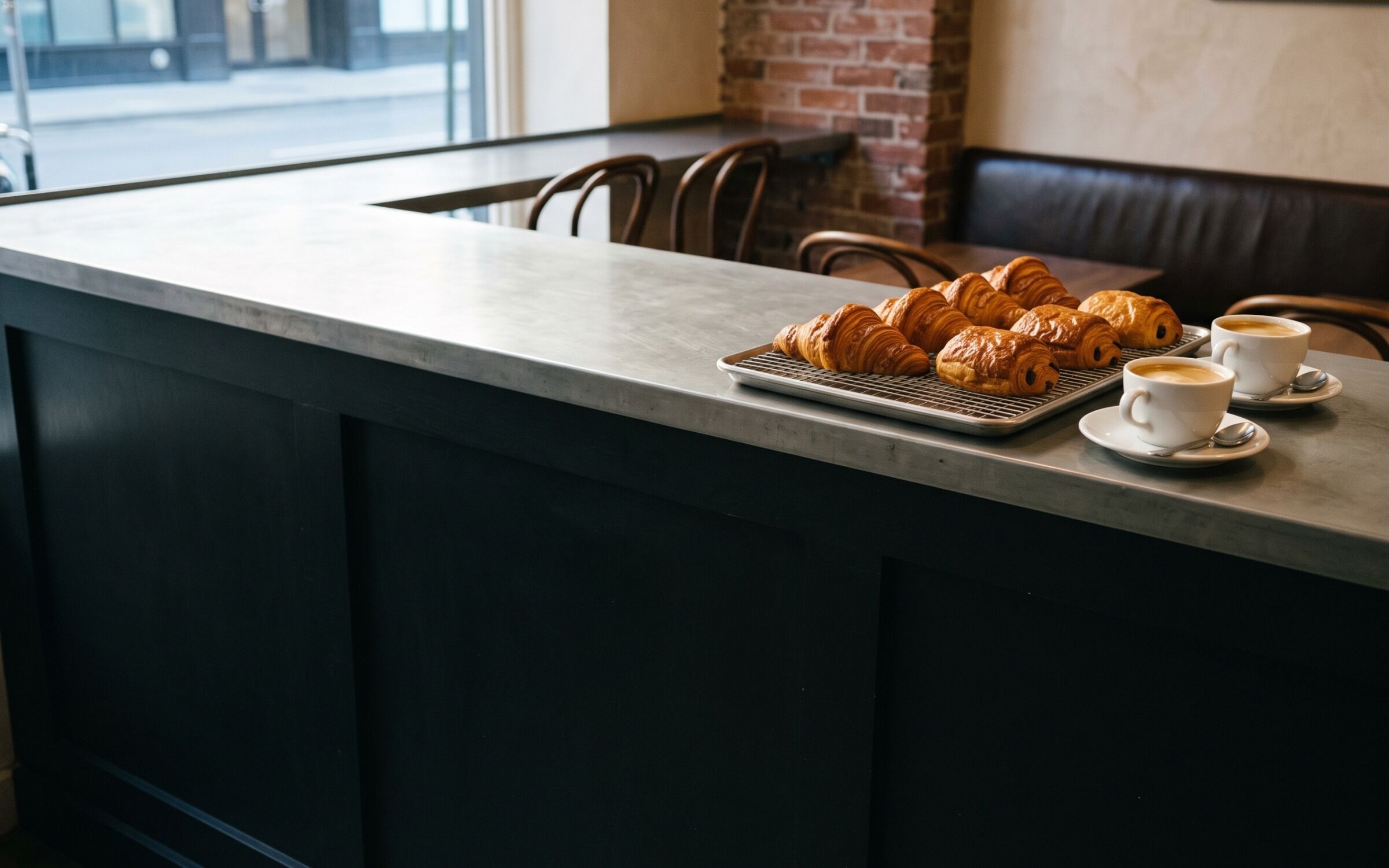 Croissants on a wire rack, two café crèmes and a folded newspaper on the zinc, in low morning light