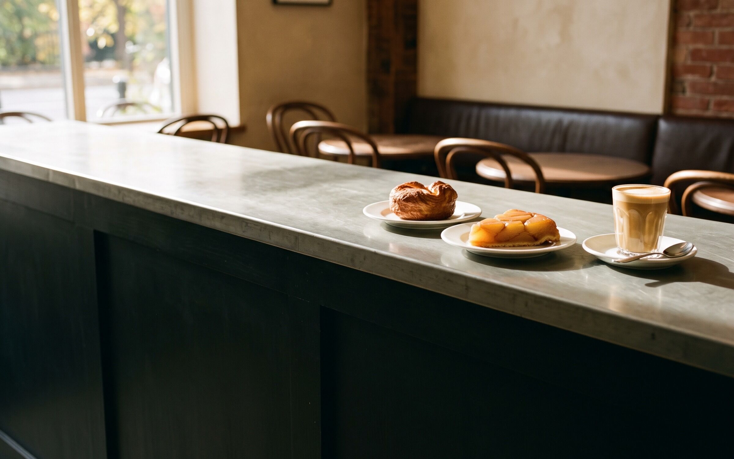 A kouign-amann on a plate beside a slice of tarte Tatin and a cortado, in long afternoon light
