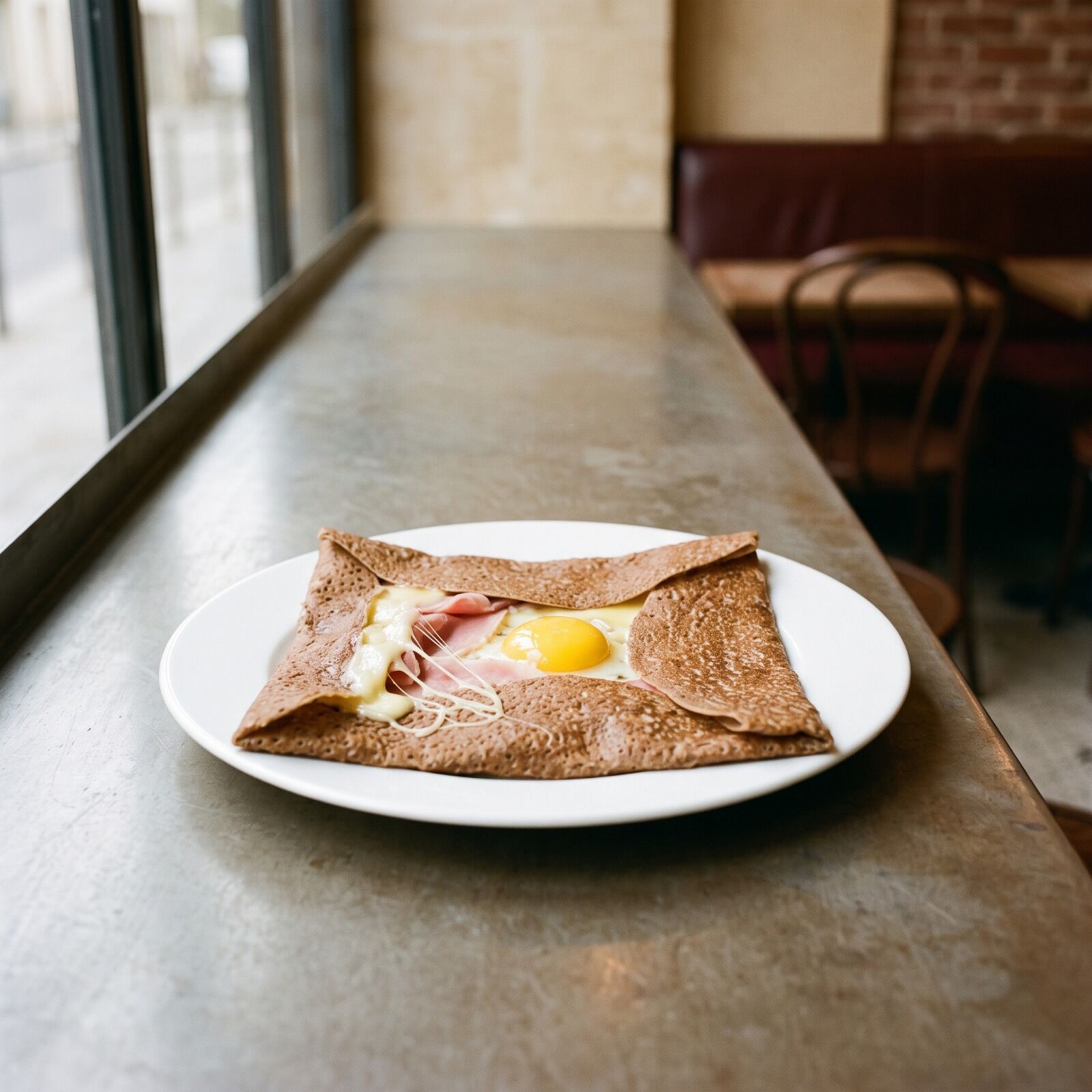 A folded buckwheat galette with a soft egg at its centre
