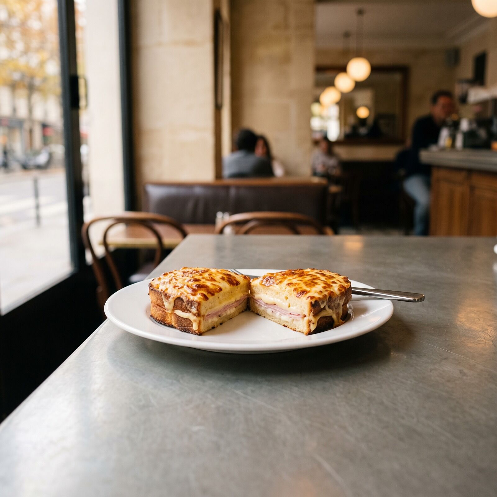 A croque cut in half, béchamel browned across the top