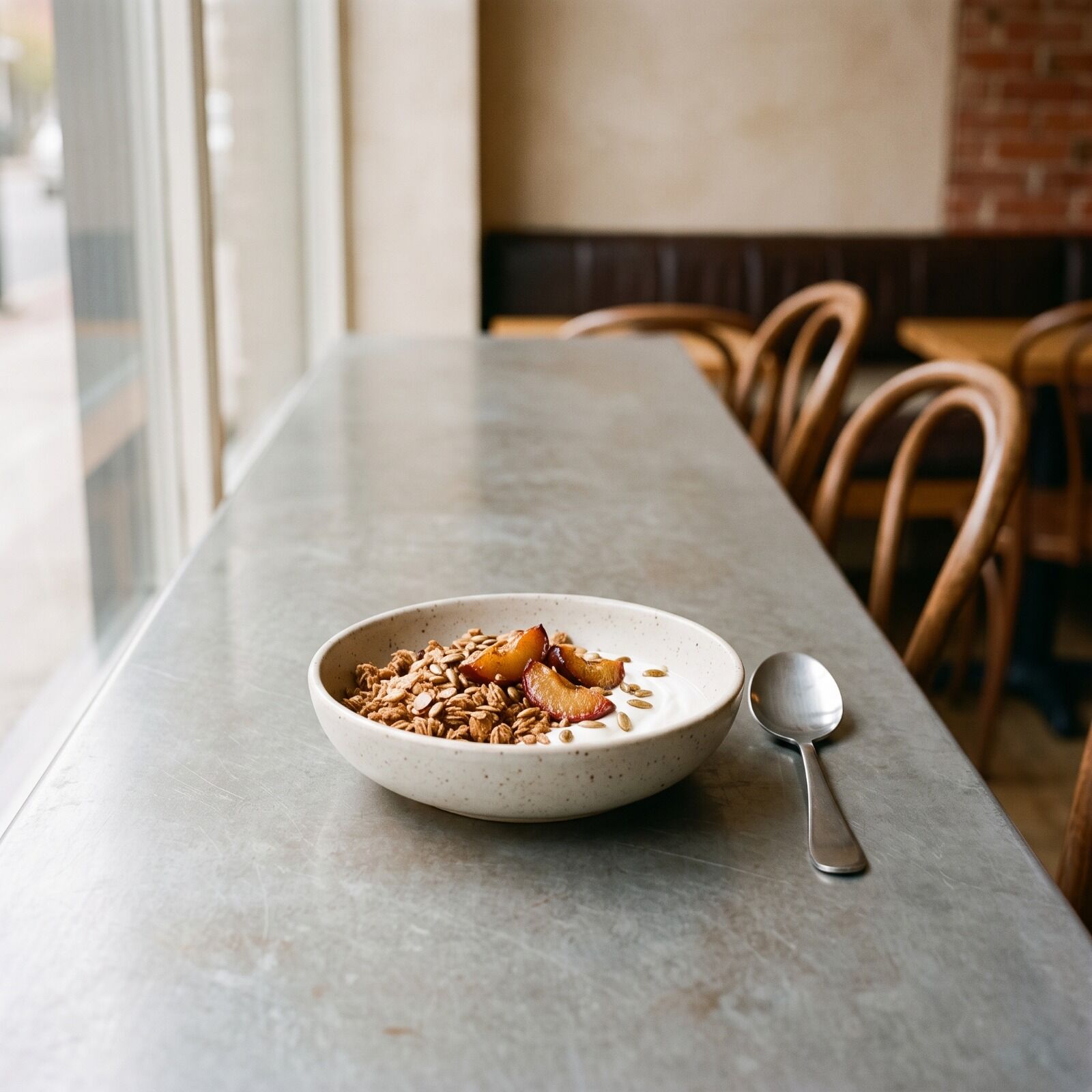 A bowl of house granola with yoghurt and sliced pear