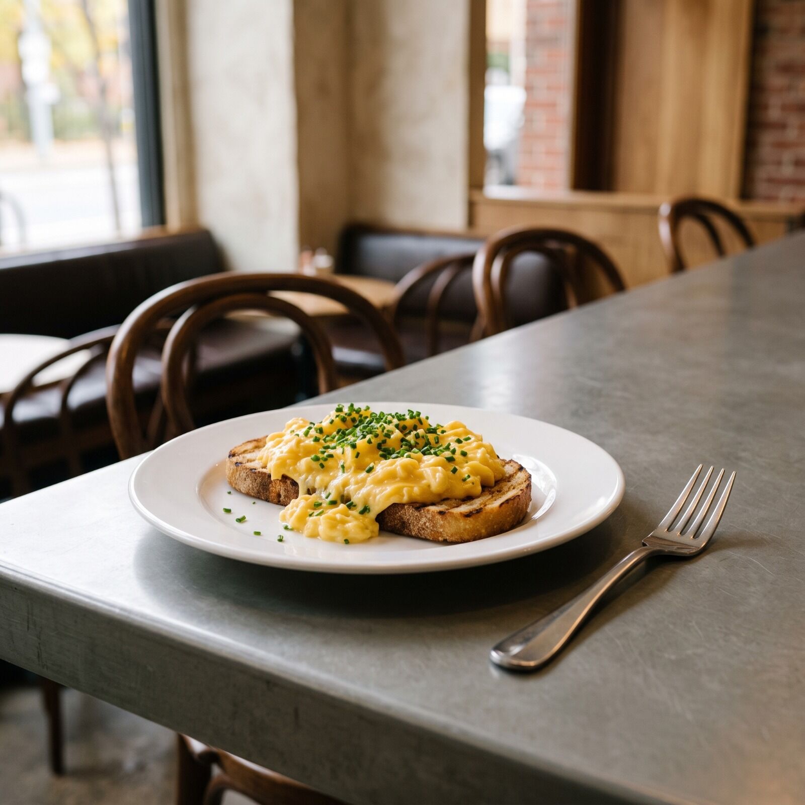 Soft scrambled eggs piled on a thick slice of buttered sourdough