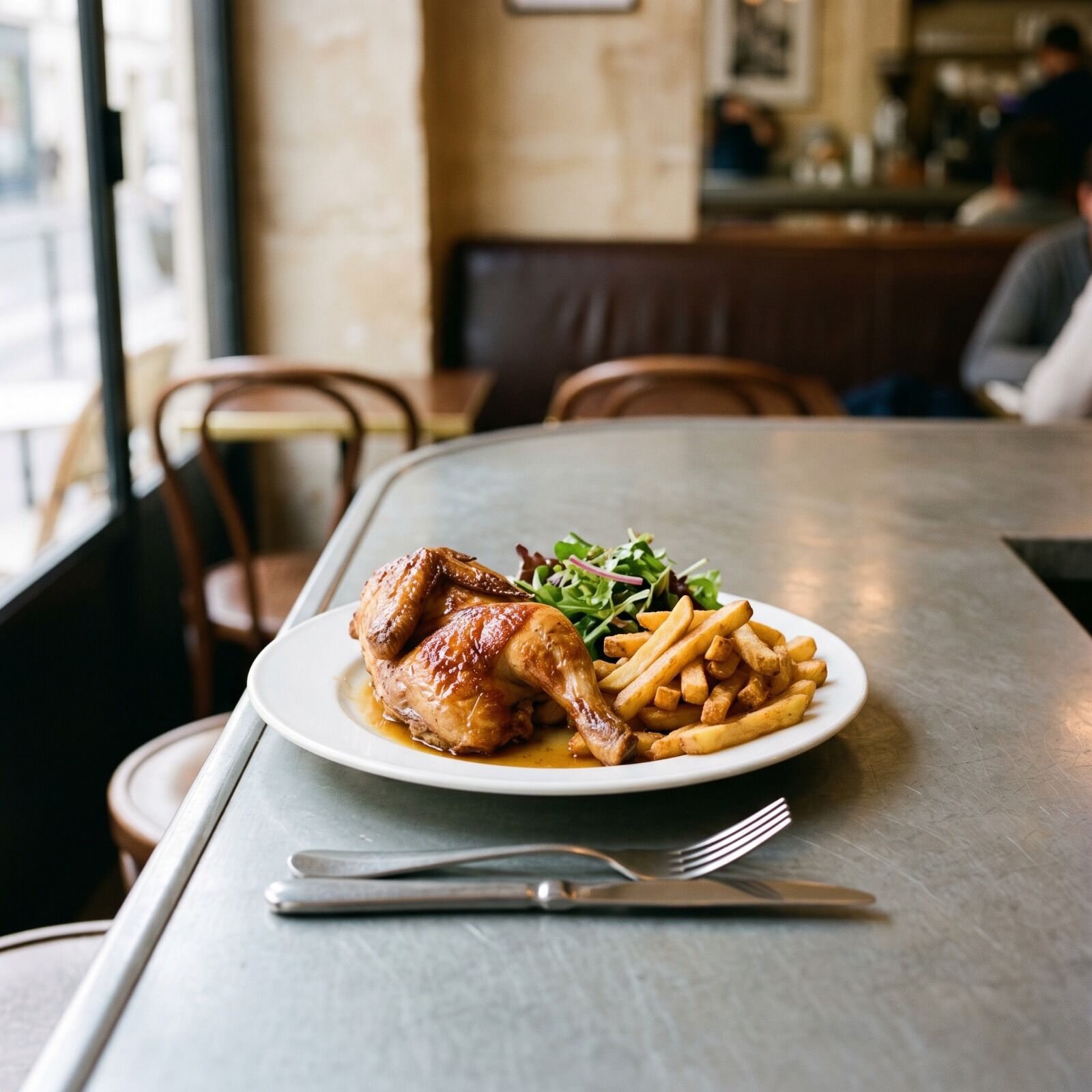 Half a roast chicken beside a pile of frites and a small green salad