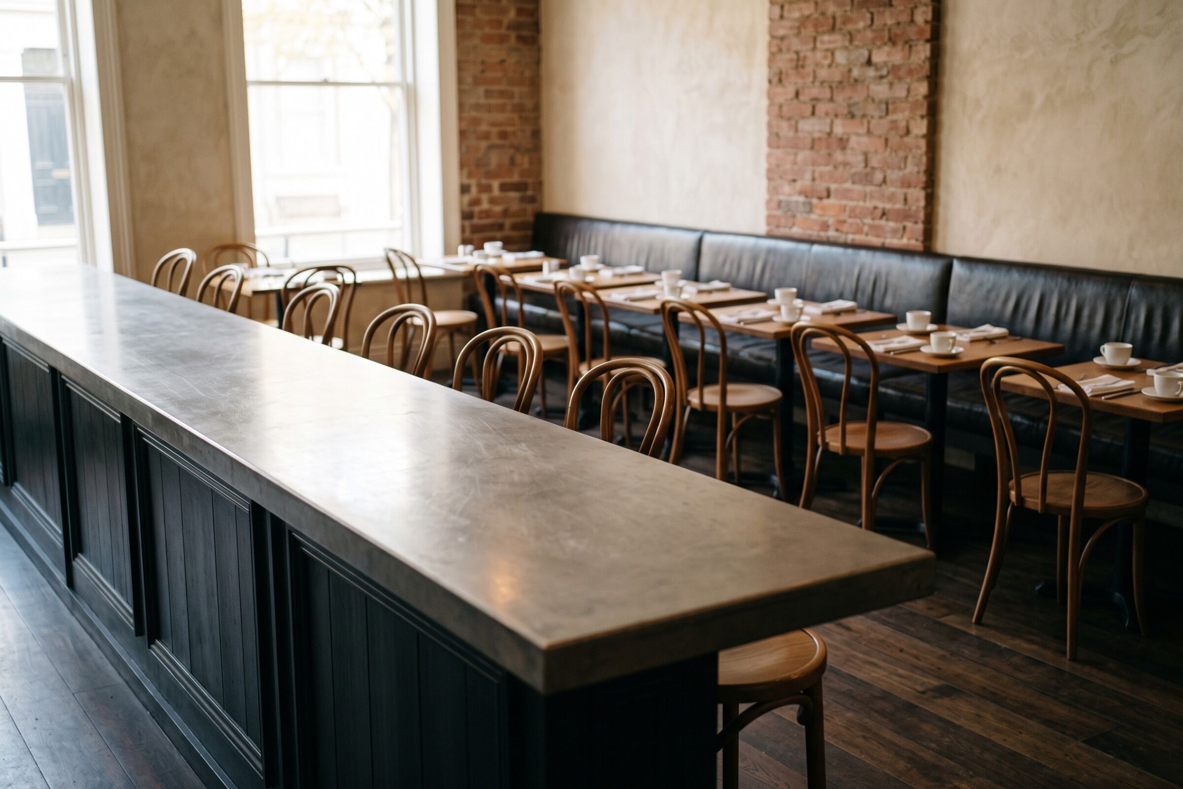 The room seen from the door, tables and the counter beyond them
