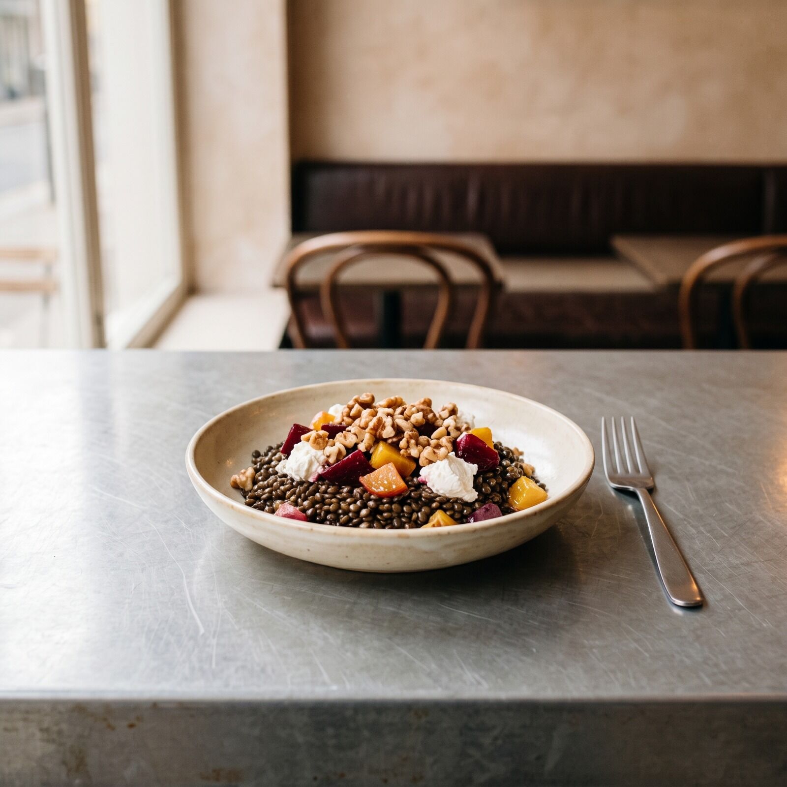 Green lentils with roast beetroot, crumbled goat's cheese and walnuts