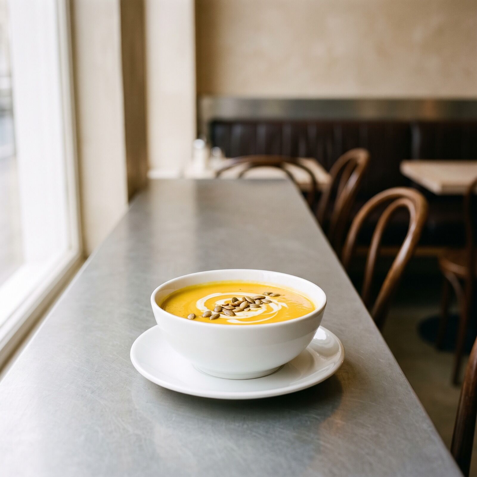 A white bowl of squash soup with toasted seeds scattered across it