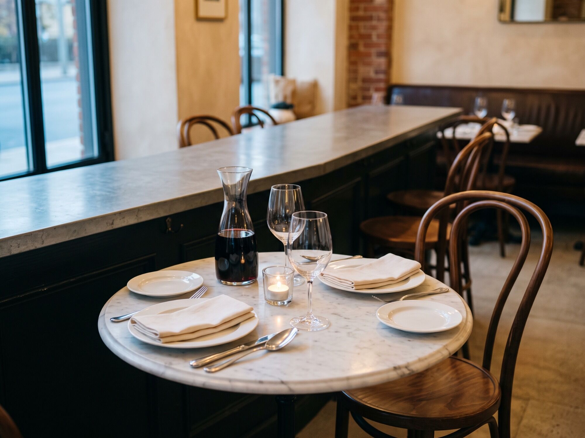 A two-top laid for supper, a carafe and one lit candle