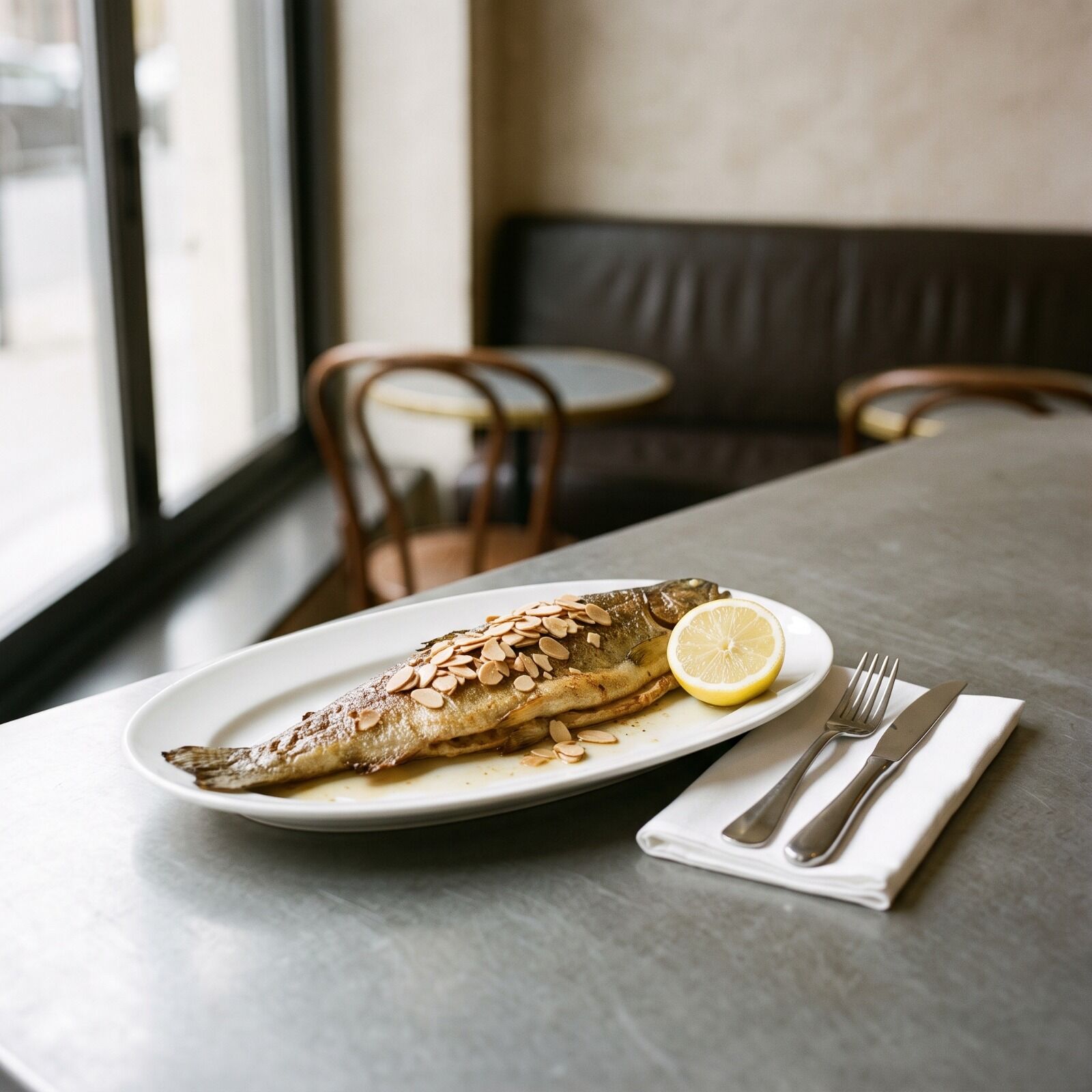 A whole trout under browned butter and toasted almonds