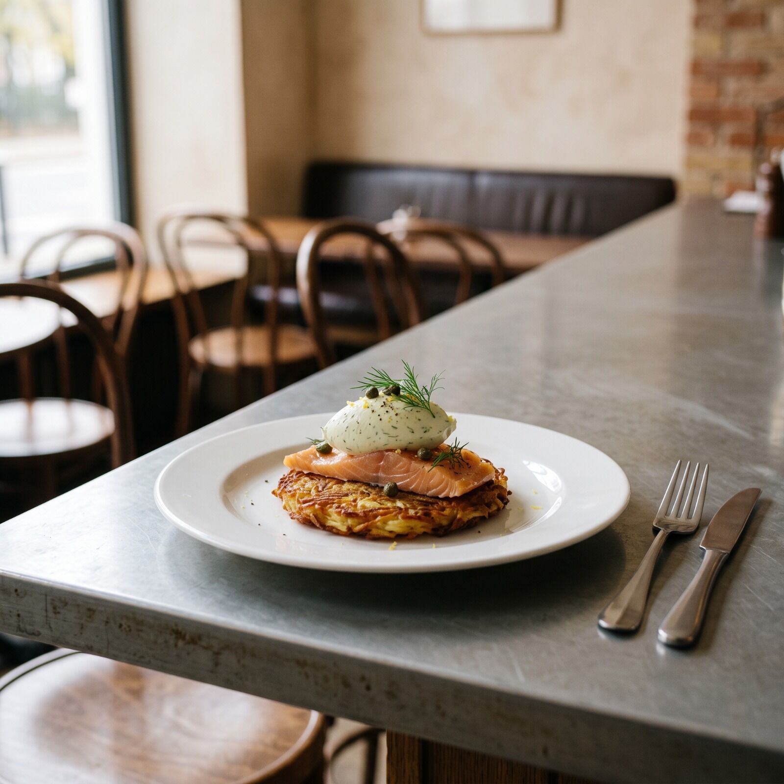 Smoked trout draped over a potato rösti with a spoonful of dill cream